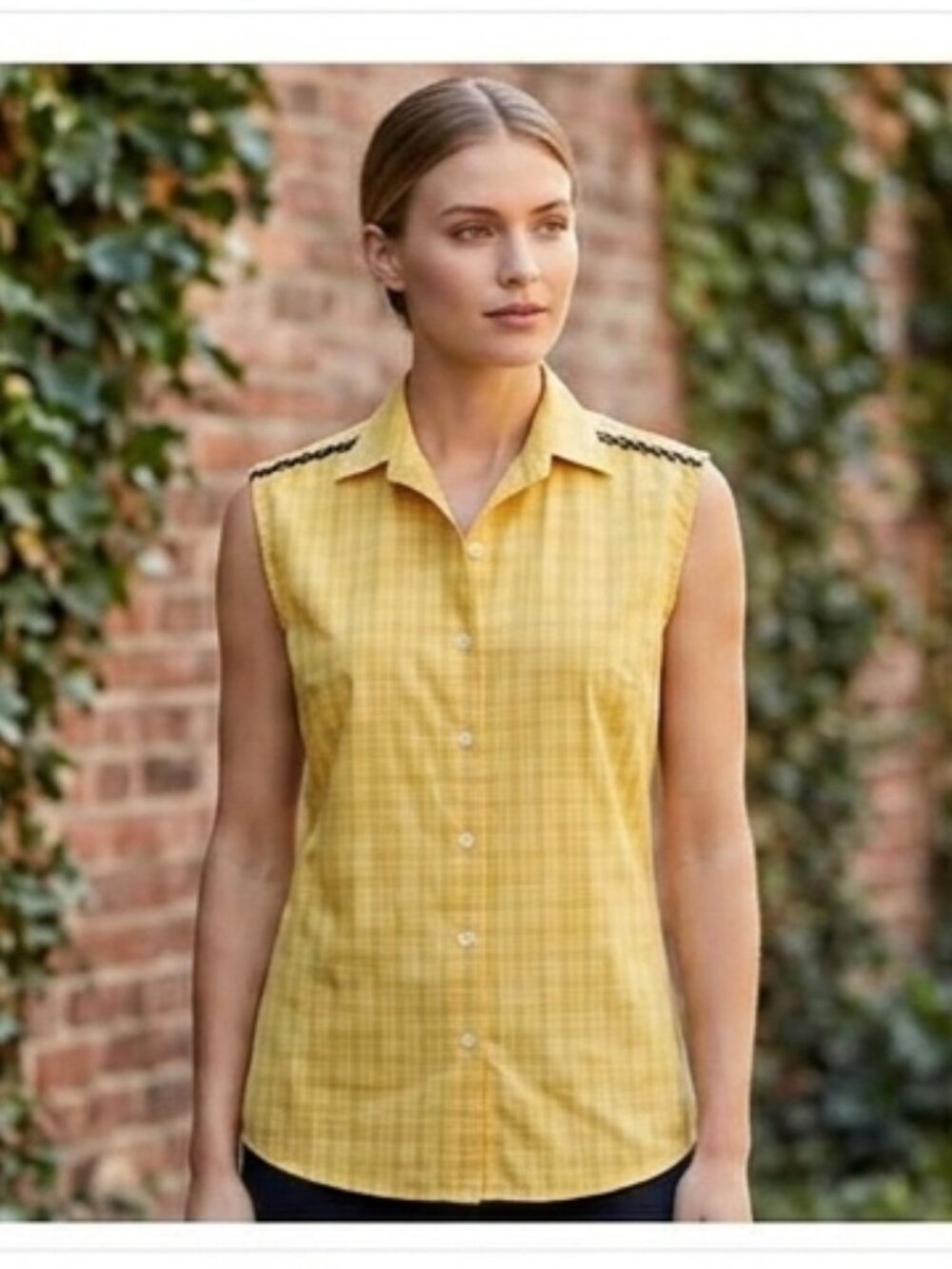 F by Faconnable Women's Size XL Yellow Plaid Sleeveless Embroidered Accent Shirt
